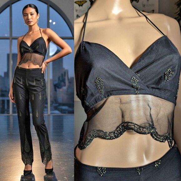 Vintage 90s y2k Kitty Halter Top 2 Piece Set Flare Pants Floral Gold Fairycore - Picture 3 of 16